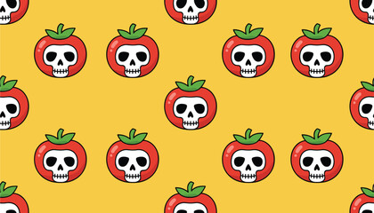 Naklejka premium Playful pattern of red cartoon tomatoes, each featuring a white skull face, on a vibrant yellow background for a quirky design.