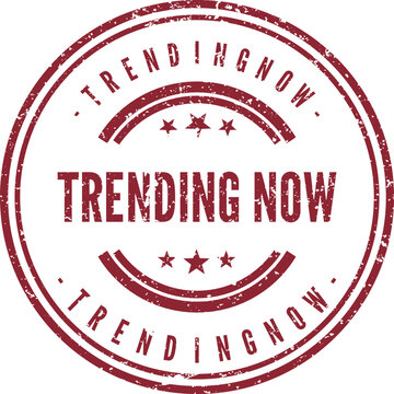Distressed circular red grunge stamp highlights what is currently trending now and popular