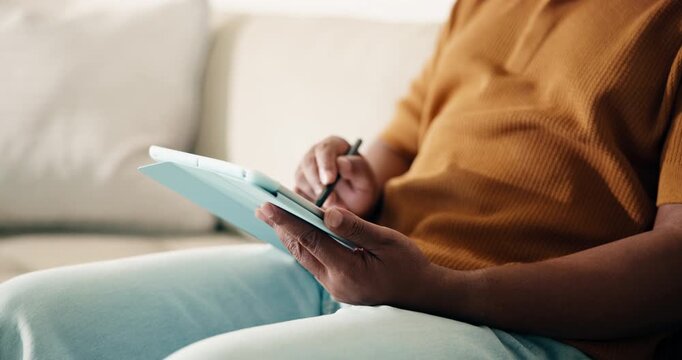 Man, hands and drawing in house with tablet, remote work and graphic designer for creative campaign. Person, stylus and tech in home with freelance job, online project or digital art for logo design.