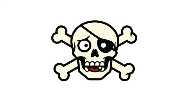 Cartoon pirate skull with an eye patch and a single tooth giving a silly look on a plain white background for fun projects.