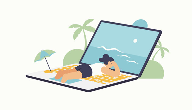 Person resting and sunbathing on top of a giant laptop keyboard while looking at a beach scene on the screen, remote work life.