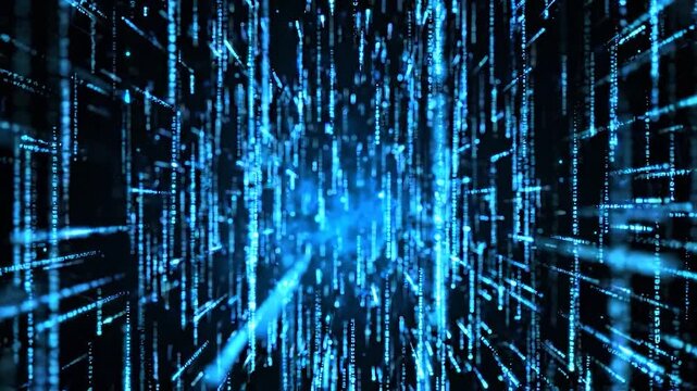 Digital Data Stream An abstract representation of digital information flowing and converging in a futuristic neon blue matrix evoking the essence of data technology