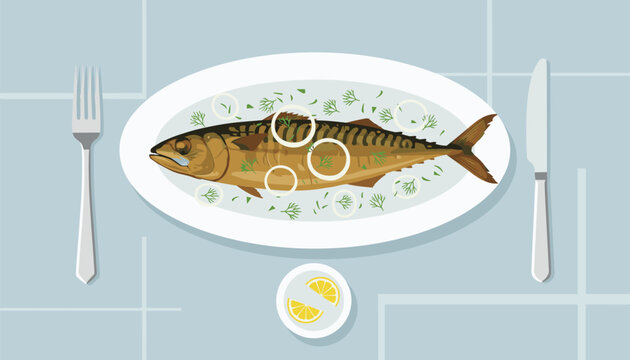 Fresh mackerel fish served on a white plate with fresh dill, onion rings, and lemon slices on a blue table, healthy gourmet meal.