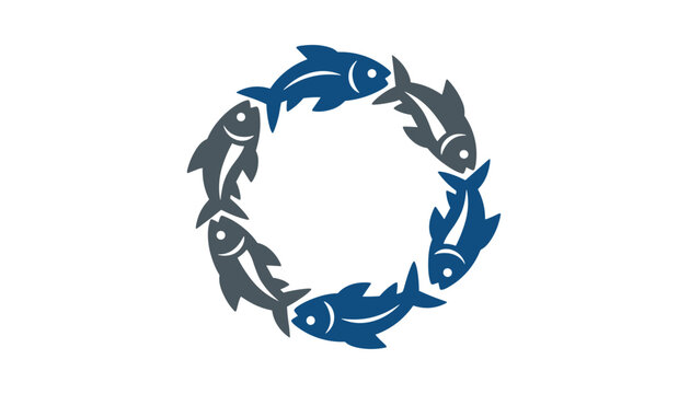 Circular arrangement of stylized fish icons alternating between blue and grey colors on a clean white background.