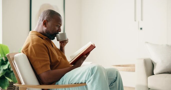 Relax, black man and reading book in home with coffee, calm or literature on weekend in morning. Novel, drink or mature person on armchair at living room with story, information or knowledge hobby