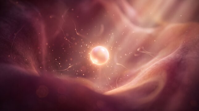 A glowing, magical spark of life begins! This stunning 3D visualization captures a 1 to 2-week-old embryo nestled safely in the womb, surrounded by ethereal light and a warm, nurturing environment.