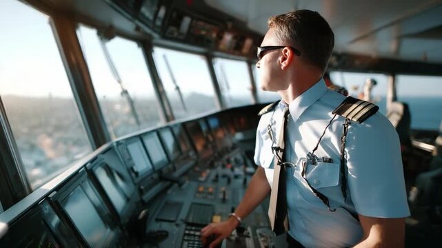Captain at Helm: A focused ship captain in uniform surveys the horizon from the bridge, illuminated by the warm, golden light of sunrise.