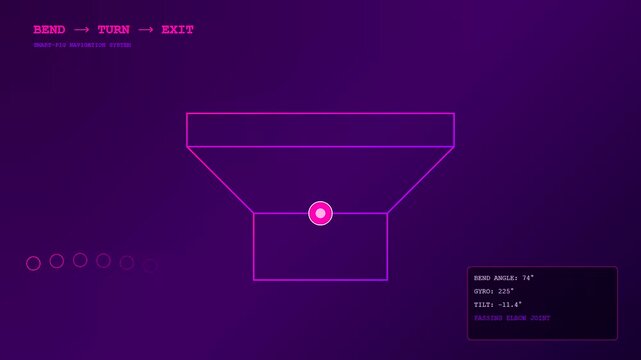 Industrial pipeline pigging monitoring interface showing a sensor node moving through a funnel shaped structure on a dark purple digital display with text data readouts