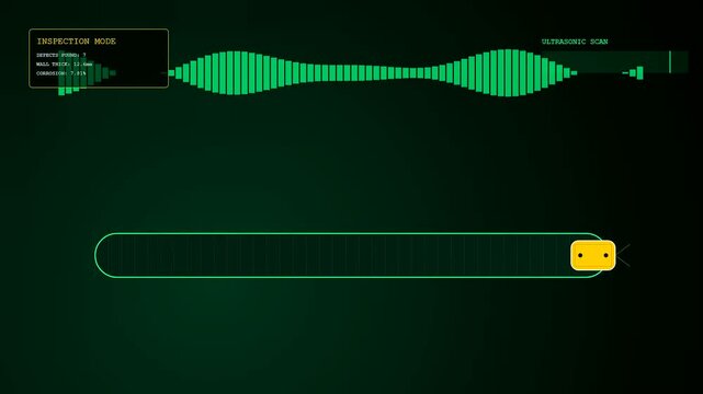 Pipeline pigging data displayed on a digital interface screen showing ultrasonic waveforms tracking the movement of a mechanical sensor through a pipe section for maintenance inspection