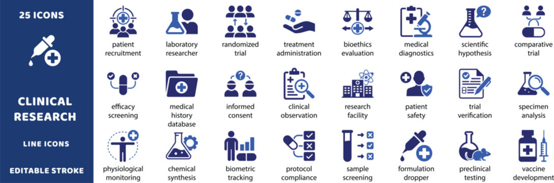 Clinical research vector icons. Medical trial development and scientific laboratory experimentation glyph signs set. Vaccine development icon