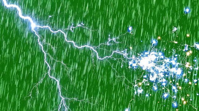 Powerful Electrical Lightning Strike with Sparkles Isolated on Green Screen