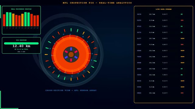 Pipeline pigging data displayed on a digital interface featuring holographic circles and glowing bar graphs showing monitoring analytics for industrial oil and gas transmission utility infrastructure
