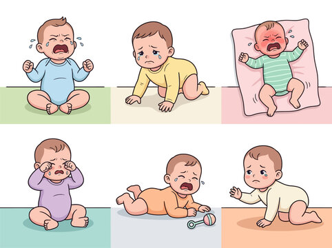 Six cartoon babies expressing different crying emotions