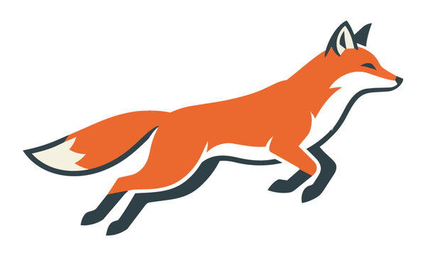 Minimal graphic icon of a jumping fox with smooth flowing lines and bold flat orange and charcoal colors on a clean white background, animal wildlife concept