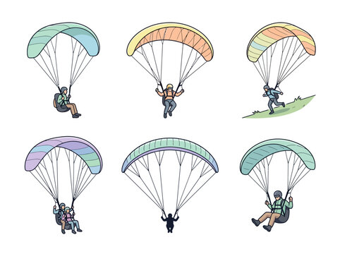 Paragliding illustrations with diverse pilots and colorful parachutes