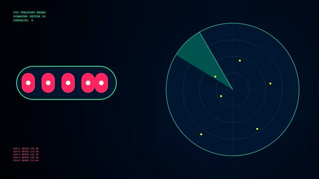 A pipeline pigging diagnostic radar interface displays rotating circular scans and five individual status indicators on a dark digital monitor screen showing movement and system monitoring