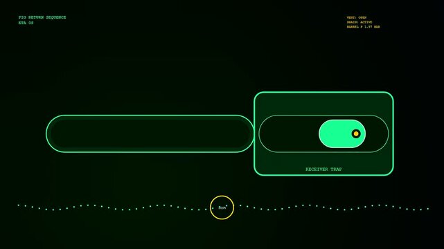 Industrial pipeline pigging monitor interface displays digital progression of a mechanical inspection tool moving through a subterranean flow system rendered in a dark green monochromatic aesthetic