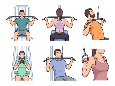 People exercising on lat pulldown machines in a gym