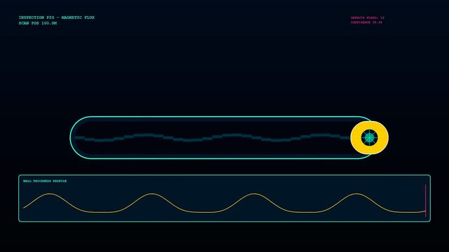 Pipeline pigging system interface displays ultrasonic sensor data and wall thickness profiles while the scanner moves forward through a deep blue digital monitoring software console screen