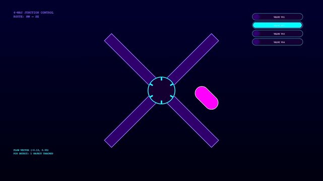 A pipeline pigging diagnostic sequence monitoring a moving geometric capsule through a digital cross junction interface displayed on a deep dark blue glowing computer screen