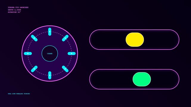 Pipeline pigging operations display monitored on a digital interface showing circular radial graphs with glowing yellow and green circular icons shifting in a dark screen layout