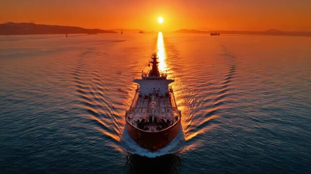 Sunrise Voyage: A massive cargo ship sails majestically across the tranquil ocean, its silhouette framed by the breathtaking spectacle of a vibrant sunrise painting the sky with fiery hues.