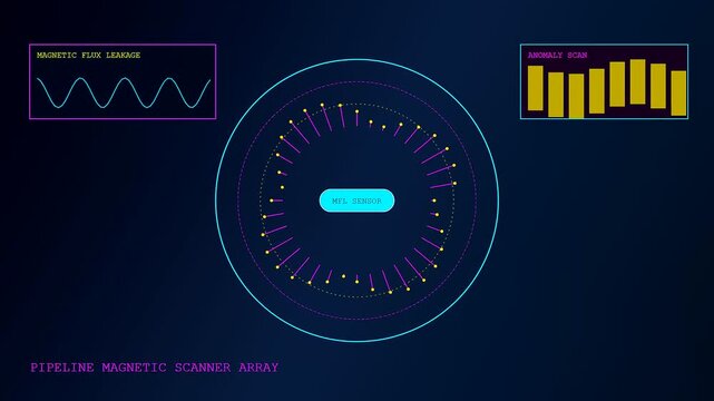 Data visualizations of pipeline pigging technology showing circular sensor arrays with fluctuating magnetic flux lines and bar charts tracking industrial structural integrity in real time operation