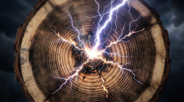 Electricity strikes a tree trunk with bright lightning bolts