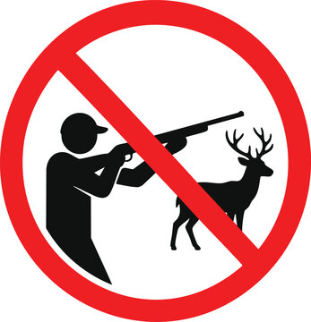 No hunting sign with hunter and deer silhouette prohibition symbol for wildlife protection isolated on white background