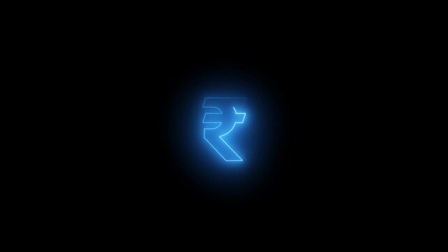 Glowing neon Indian rupee symbol animation on black background for finance, currency, payment, economy, digital money.4k video