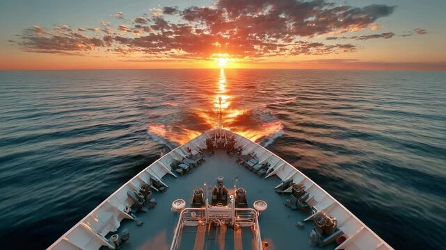 Voyage into the Sunset: A grand ship glides across a tranquil sea, leaving a wake under a breathtaking sunset, painting the sky with hues of orange and gold.