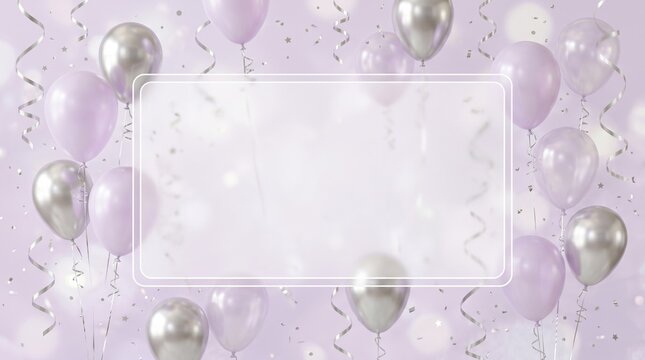 A celebratory background with purple and silver balloons, confetti, and a blank frame. Perfect for birthdays, events, or customizable greeting cards.