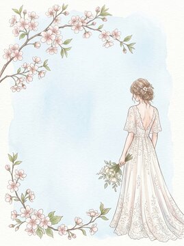 A watercolor illustration of a bride from the back in a lace gown holding a bouquet, surrounded by cherry blossoms. Ideal for spring weddings, floral designs, or romantic artwork.