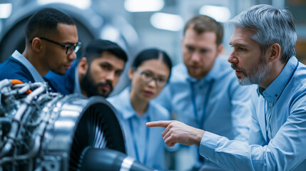 Obraz premium Faceless handsome multiethnic chief engineer explaining the technology behind a modern turbofan aircraft engine to a team of colleagues in an aerospace research and development