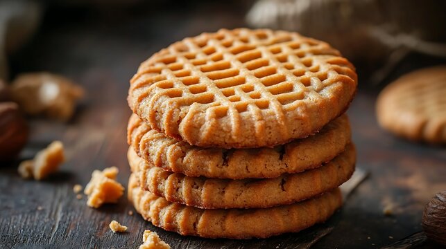 Stack of homemade peanut butter cookies with traditional fork pattern on a dark wooden table