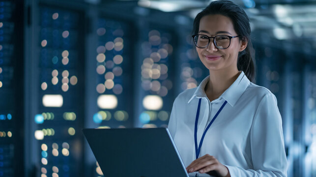 Portrait of a faceless female data center administrator standing in a high-tech server room, optimizing server configurations on a laptop, smiling toward camera, defocused glowing