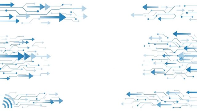 Abstract digital technology background with blue arrows and circuit board patterns moving forward