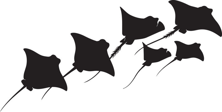 Black stingray silhouettes, marine animal icons, ocean creatures, vector graphics