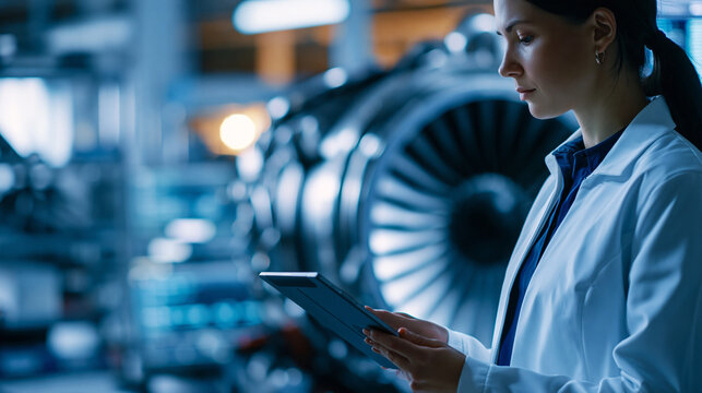 Faceless female industrial engineer working on a futuristic jet engine, standing with a tablet computer in a scientific technology lab, female scientist developing a new electric