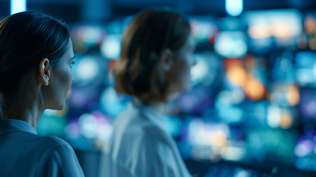 Faceless back view of a woman connecting to an animated content stream, browsing all-in-one multimedia entertainment including messaging TV videos sharing gaming fintech and