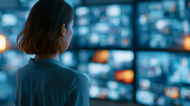 Faceless back view of a woman connecting to an animated content stream, browsing all-in-one multimedia entertainment including messaging TV videos sharing gaming fintech and