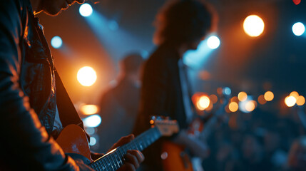 Obraz premium Faceless rock musicians in fashionable outfits performing alternative punk rock music on a nightclub stage, passionately playing guitars under bright spotlights, defocused