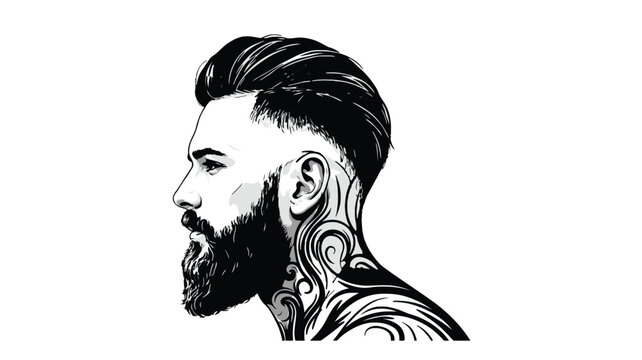 Bearded Man Profile Silhouette with Undercut Hairstyle and Neck Tattoo Vector
