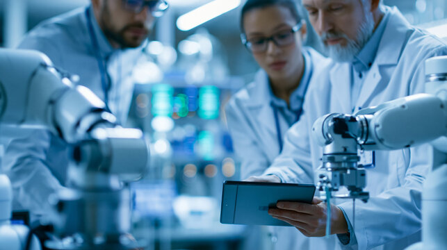 Faceless creative team of multicultural engineers using a tablet computer to analyze and discuss how a futuristic robotic arm works, high-tech research laboratory with modern