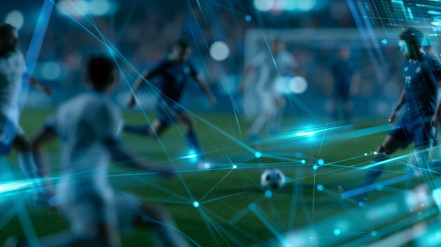 Soccer video game template with both team players running across a virtual field, passing and kicking toward the goal in a live broadcast view, online sport simulator mock-up