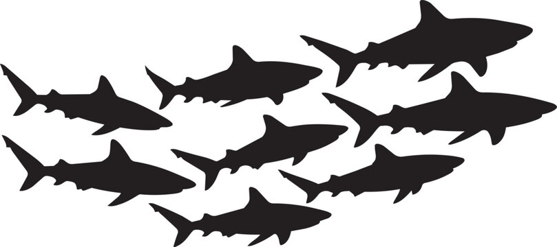 Shark silhouettes, black shark icons, school of sharks, ocean predator symbols, vector graphics