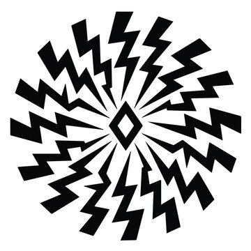Black and white radial burst design with jagged lightning bolts exploding from a central diamond shape on plain background