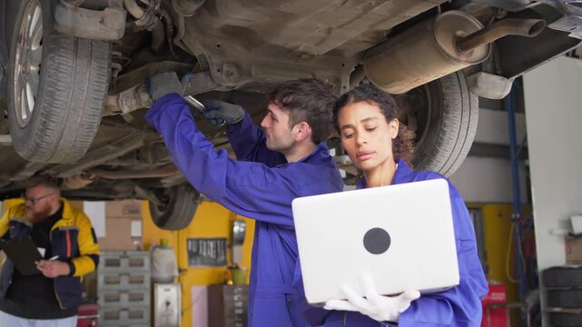 Mechanics working underneath a vehicle in a garage inspecting and troubleshooting automotive issues with technology support