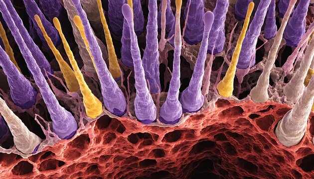 Close up false color scanning electron micrograph of cactus spines in vibrant purple and yellow hues