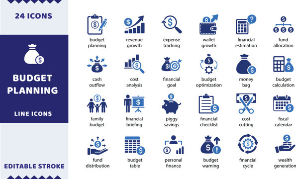 Budget planning vector icons. Financial management corporate revenue growth and personal finance line signs set. Wallet expense tracking icon